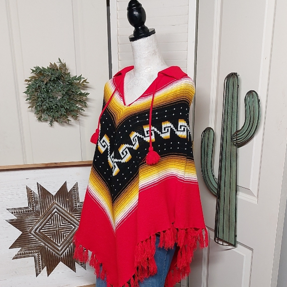 Vintage 1960s-1970s  Red Poncho with Fringe